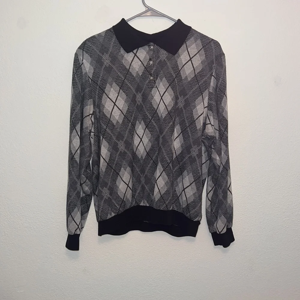 Alfred Dunner men knit black and white ikat plaid sweater - Picture 2 of 5